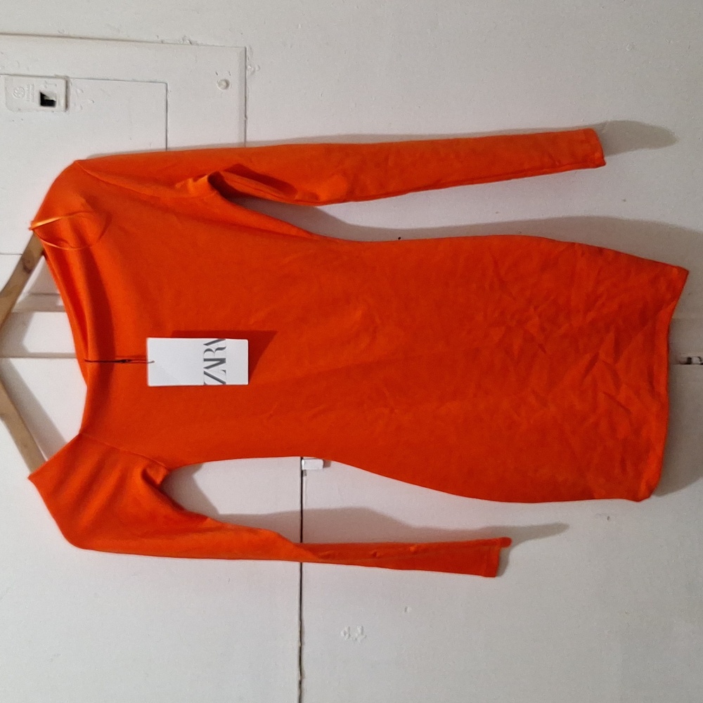 NWT BRIGHT ORANGE DRAPED ASYMMETRIC MINI DRESS - Picture 4 of 7